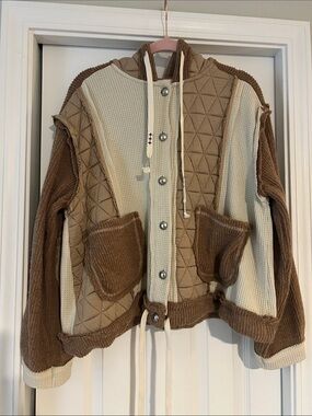 POL Quilted & Knit Patchwork Hoodie Jacket in Cream and Brown